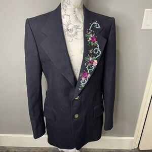 Vintage Miltons Blazer Women’s Wool Blazer Navy Jacket Embroidered Floral Medium